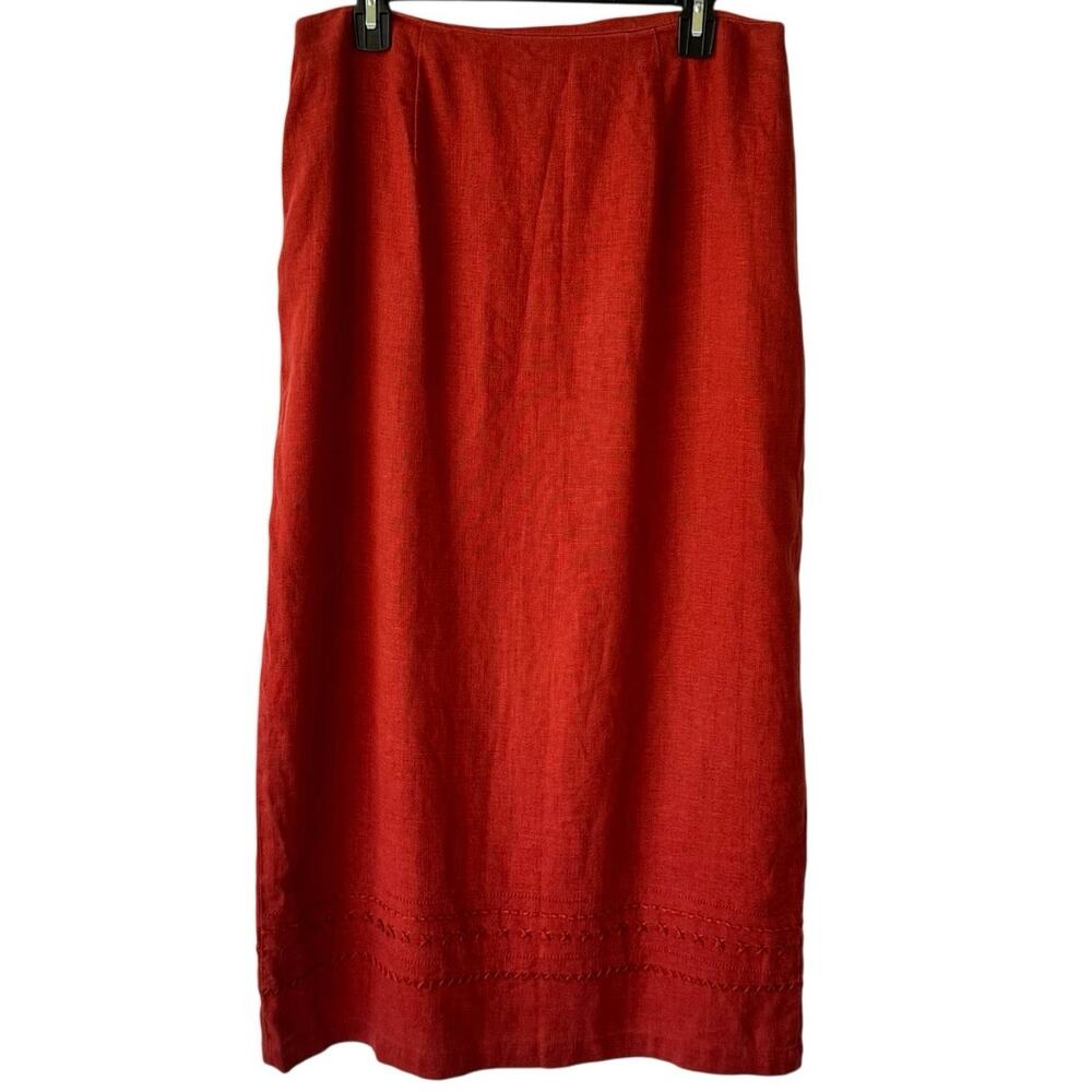 Coldwater Creek Women’s L Linen Maxi Skirt Orange Embroidered Hem Cottagecore